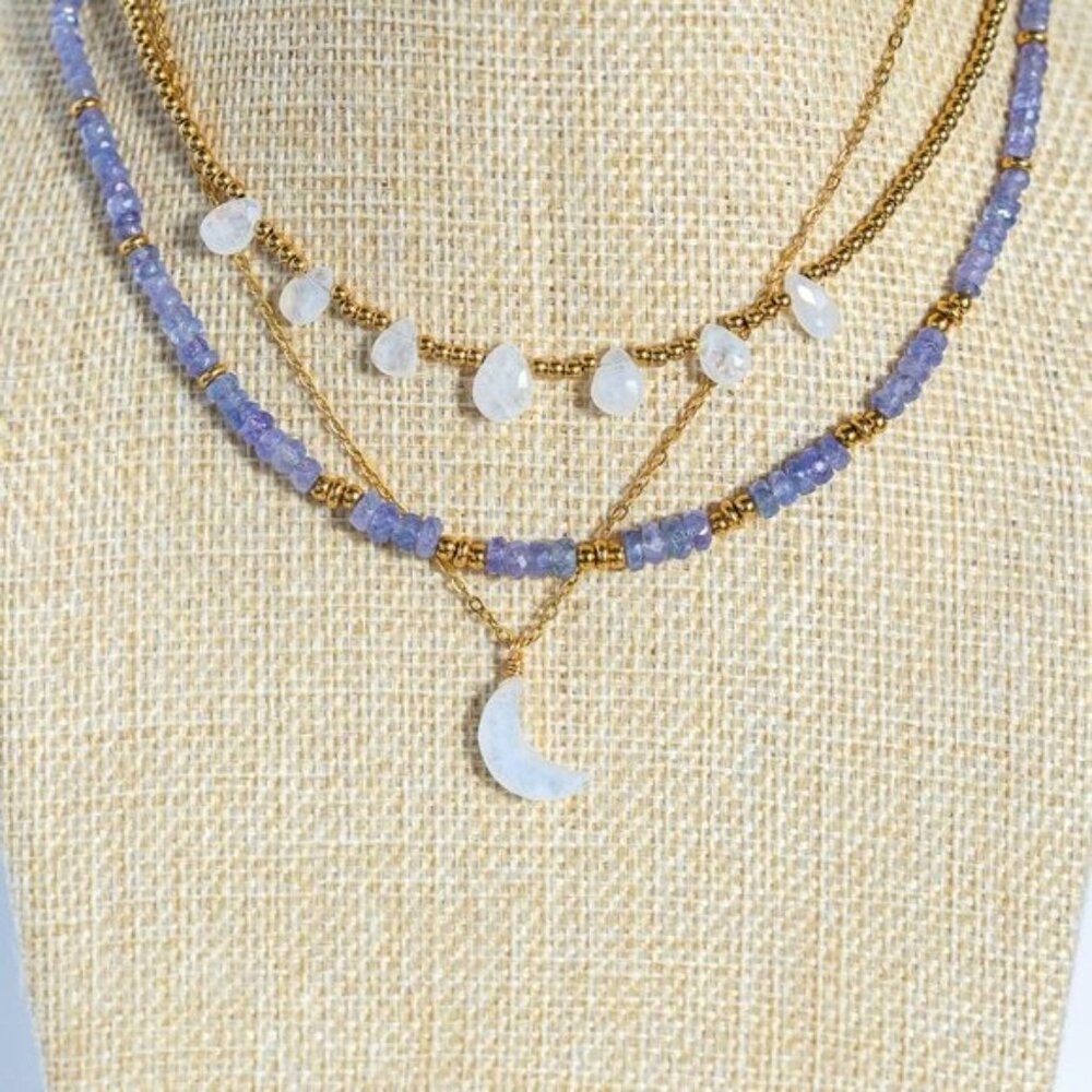 Tanzanite Beaded Necklace Purple Blue Gemstone Gold Waterproof Necklace - Picture 9 of 12